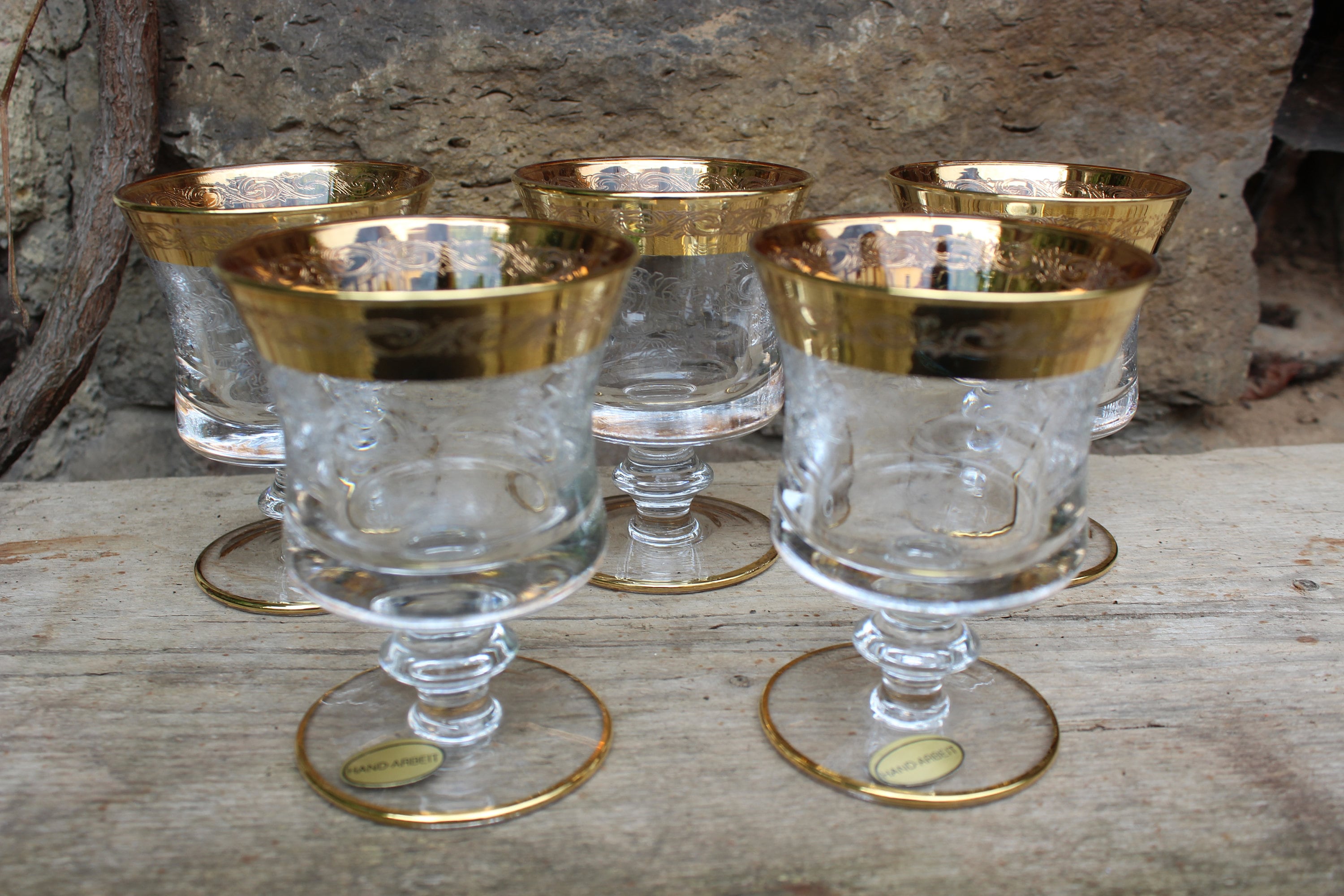 5 Murano Medici Wine Glasses 14K Gold Rim Engraved 60s Made in Etsy