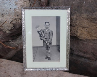 old framed photo / boy with school bag / silver metal picture frame 50s