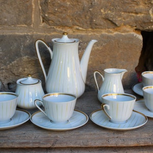 15 pcs Mocha Service Hand Painted Stripes Decor Carl Alberti Uhlstädt Vintage 40s 50s GDR