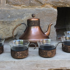 Kupfer Teeservice / 6 Teegläser Teekanne / Midcentury 50er 60er Jahre