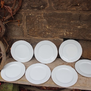 May include: Seven white ceramic plates with a simple, elegant design are arranged on a wooden surface. The plates have a slightly raised rim and a smooth, glossy finish. The background features a rustic stone wall.