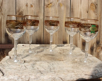 5 wine glasses crystal glass crystal glasses gold rim 50s 60s Thuringia GDR GDR