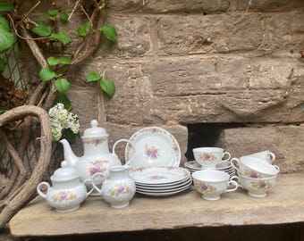 Service à café 21 pièces, décor de roses, lilas et or, porcelaine Colditz Lettin, années 1960/70, RDA