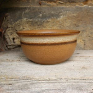 May include: A brown ceramic bowl with a speckled texture. The bowl has a wide, rounded shape with a lighter band around the middle. The rim is a darker shade of brown. The bowl is sitting on a wooden surface.