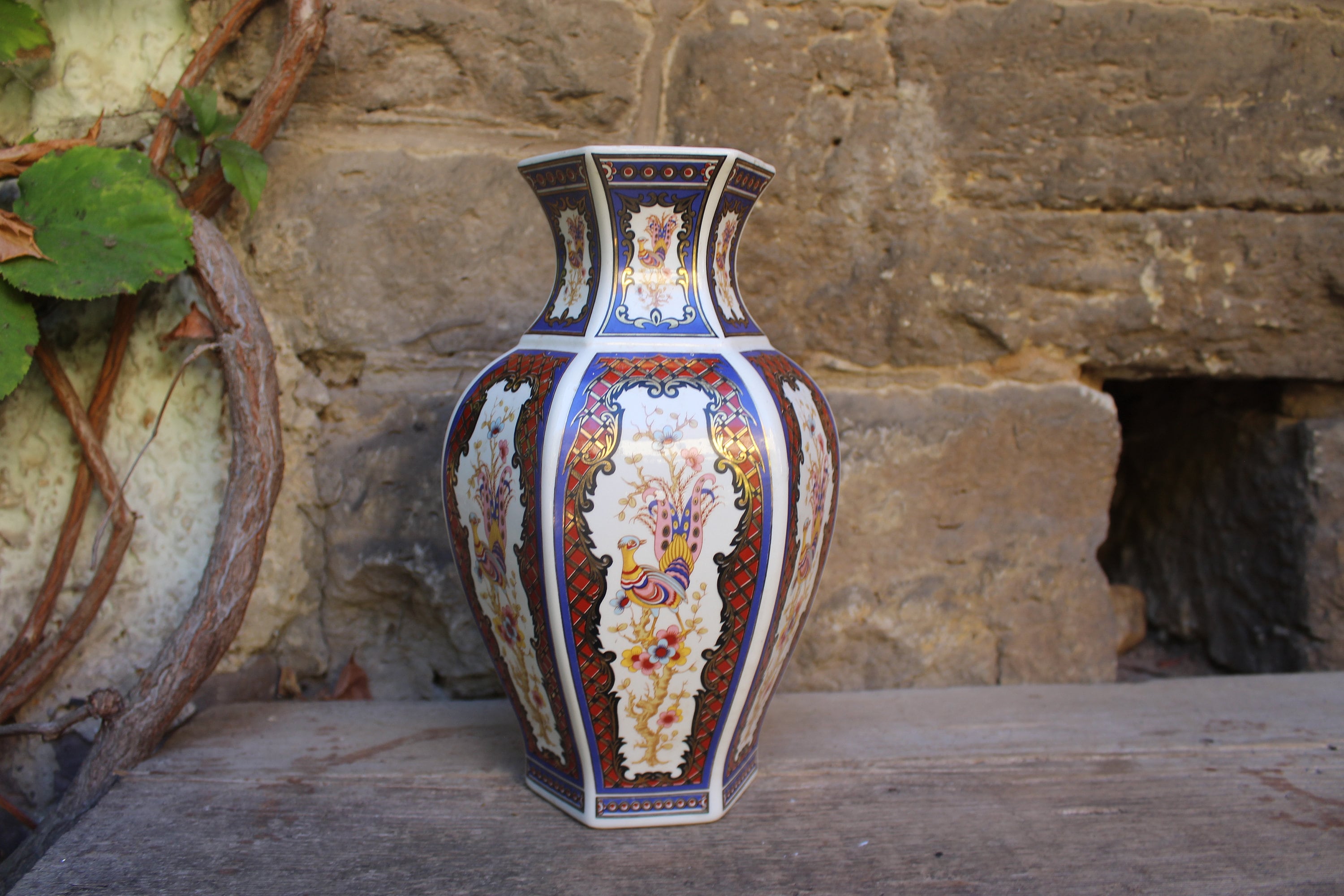 Ｂ＆Ｇ　花瓶 Vase 6 Square Gold Decoration Bird Flowers Motif Ceramic B&G Made