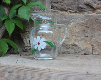 kleiner Wasserkrug Krug Karaffe 0,5 l Glas Blumen Motiv Vintage 50er 60er Jahre DDR