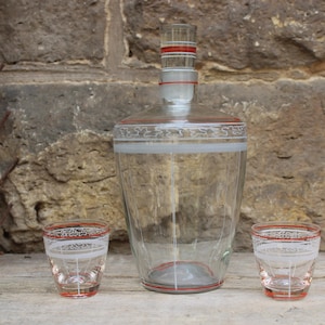 Glass carafe liqueur carafe with 2 liqueur glasses striped decor 50s GDR