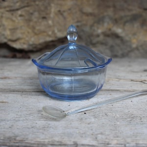 mini jam jar with plastic spoon, pale blue pressed glass, 1930s to 1950s Art Deco