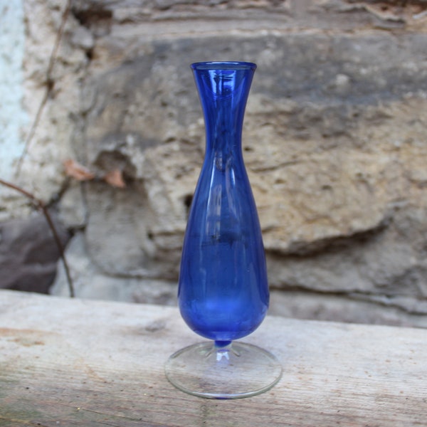 petit vase gobelet solifleur vase verre bleu soufflé à la bouche Lauscha années 70 vintage RDA RDA