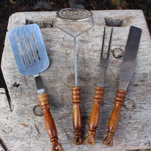 Kitchen Utensils Set Stainless Steel Wood Vintage Retro Kitchen 70s