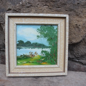 mini oil painting landscape trees meadow lake vintage VEB art print finishing Leipzig DDR