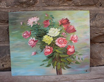 Vintage oil painting roses bouquet still life on cardboard 1981