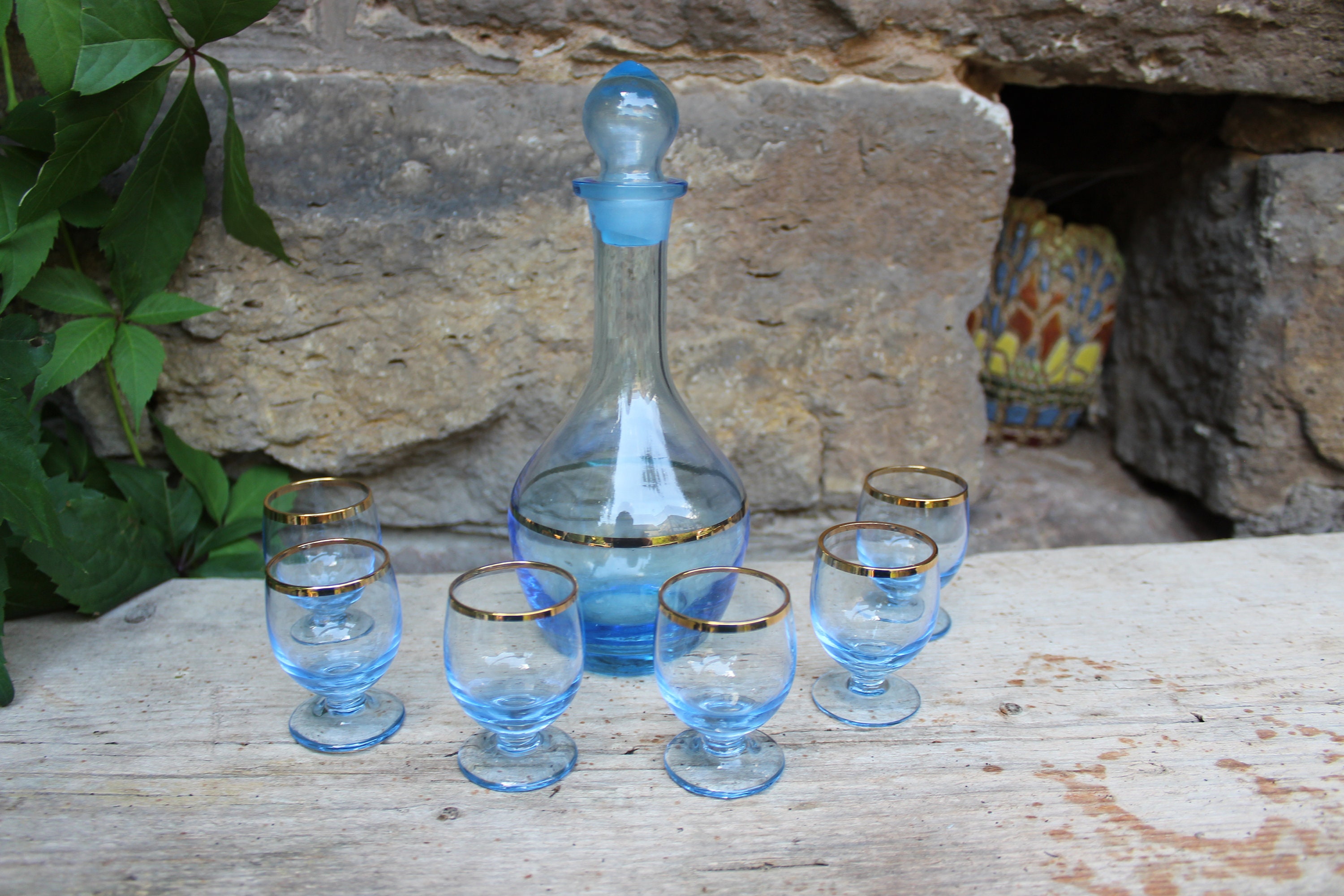 Bohemia Glass Liqueur Set Schnapps Set Carafe 6 Glasses Blue Glass Vintage 60s 70s