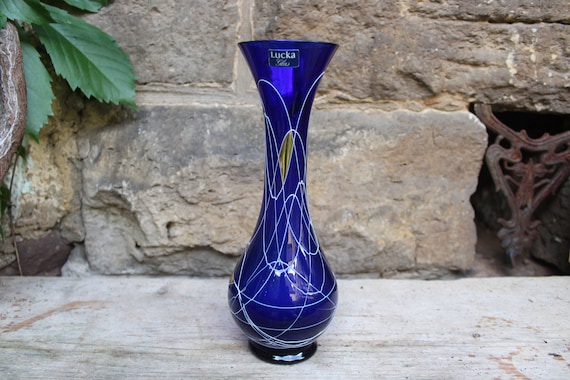 Lucka Glass Vase, Cobalt Blue With Gold Plating, Vintage 80s/90s