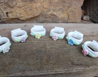 Set of 6 napkin rings roses porcelain 80s made in China