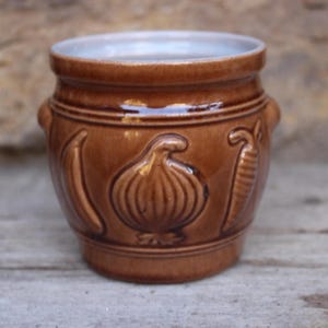 May include: A brown ceramic jar with embossed vegetables, including an onion, banana, and carrot. The jar has a light-colored interior and small handles on either side. The jar is likely for kitchen use.