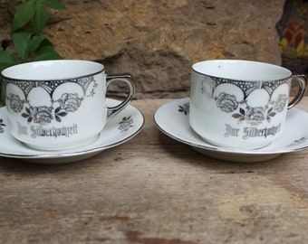 2 antique coffee cups "For the Silver Wedding" saying cup collecting cup around 1920