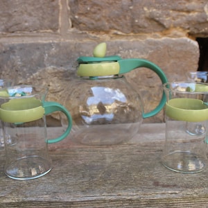 5 pcs. glass tea service green handles vintage 80s 90s