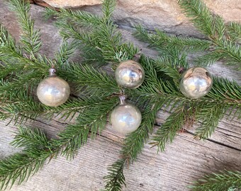 4 mini silver Christmas tree baubles, glass Christmas ornaments, vintage 1920s to 1940s
