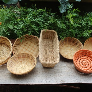 7 pc. Boho wall basket set, willow, rattan, straw, wickerwork, vintage 70s 80s