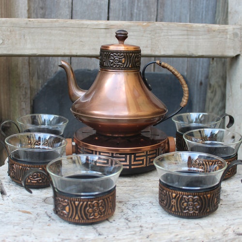 Tea shops service 6 tea glasses Teapot Pots Copper MCM Midcentury 50s 60s