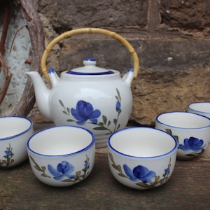 6 pcs tea set tea service hand painted flower decor bamboo handle Made in China Vintage