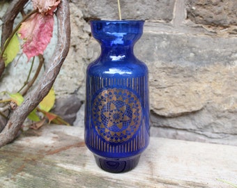 Hyazinthenvase Vase Glas mundgeblasen blau gold 60er 70er Jahre Vintage