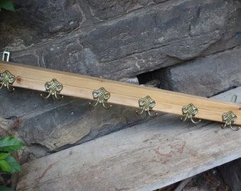 真鍮と木製のコートラック、ダブルフック6個付き、ヴィンテージスタイル