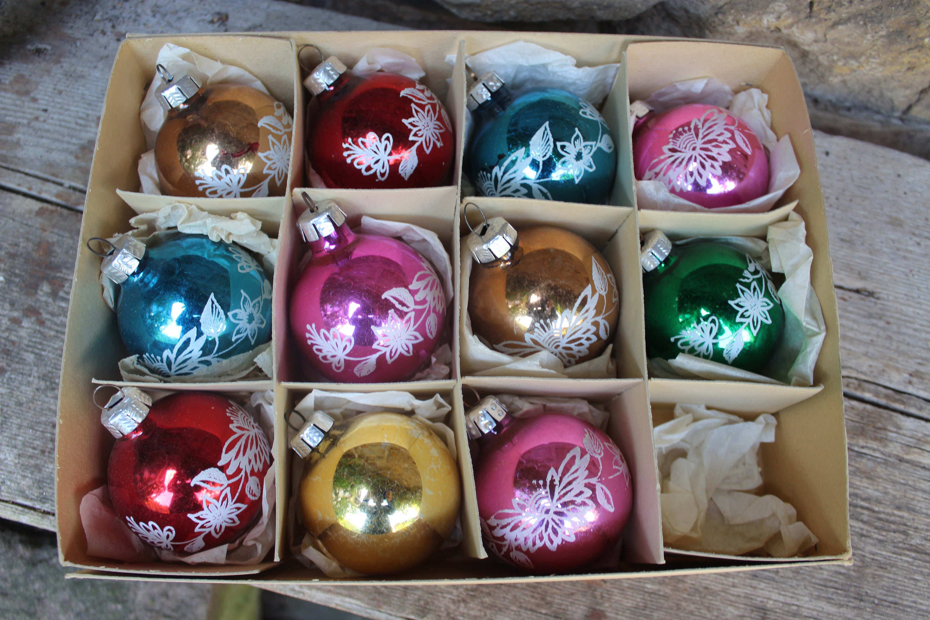 11 alte bunte Christbaumkugeln Blumen Dekor Christbaumschmuck Christmas Lauscha Glas Vintage 60er 70er Jahre DDR GDR