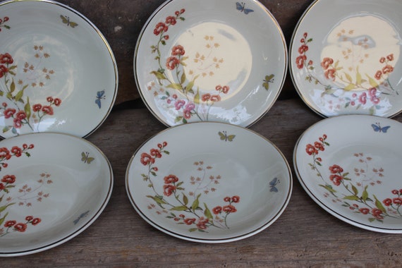 6 uralte Kuchenteller Blumendekor Schmetterlinge Mitterteich Bavaria Frühstücksteller 1931 - 1945 Germany