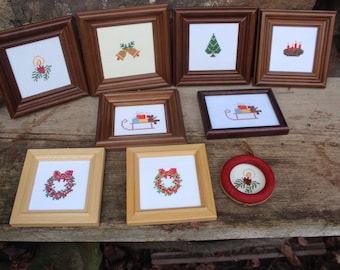 1 of 9 vintage embroidered picture, Christmas motif in a wooden frame