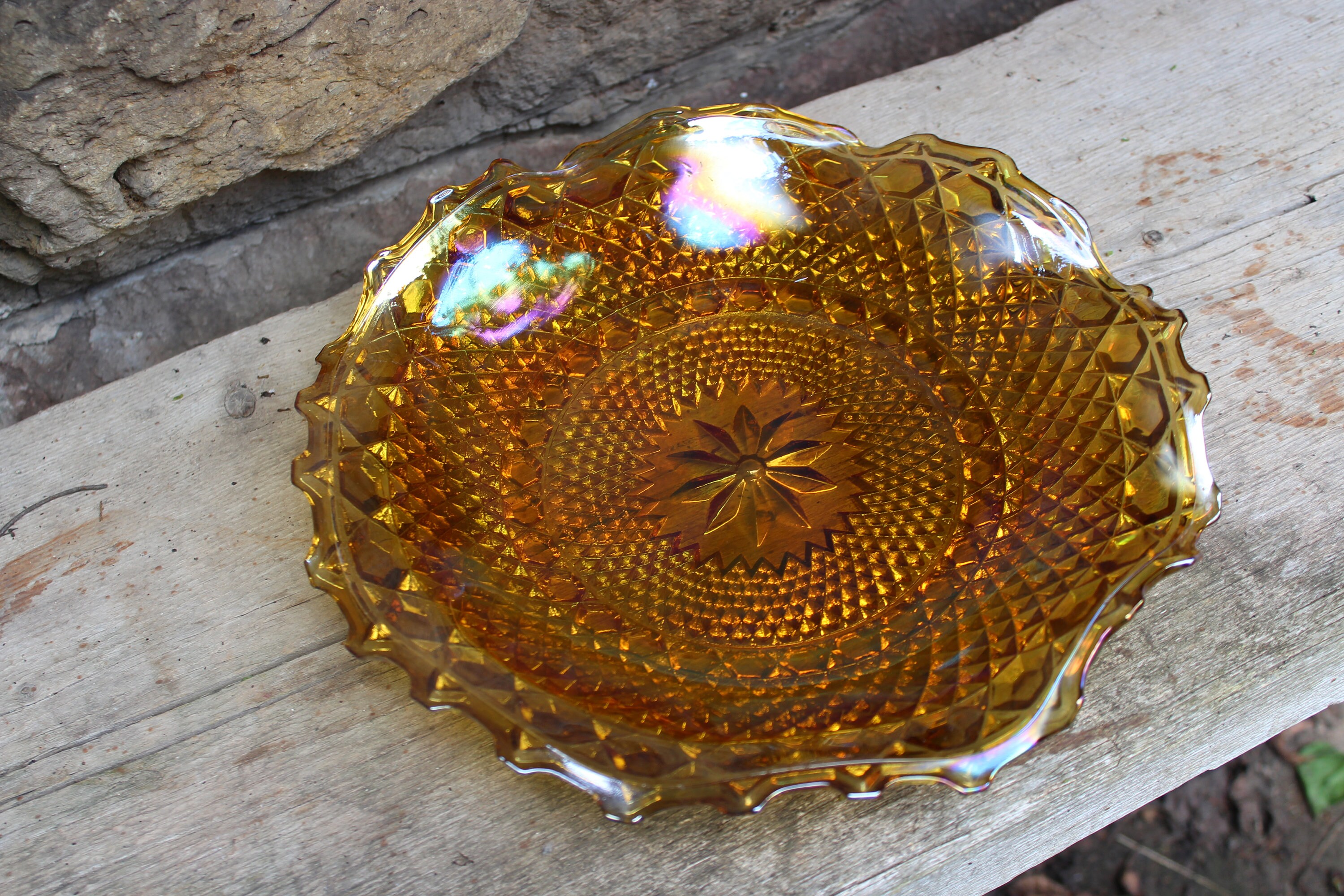 Carnival Glass Bowl Serving Plate Diamond Pattern Iridescent Etsy