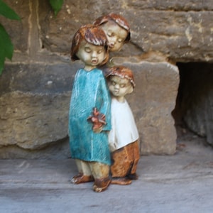 Achachit figure group 3 children natural stone handmade vintage 60s 70s
