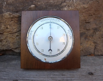 Small barometer weather station, vintage, wood and metal, West Germany, 1960s/70s