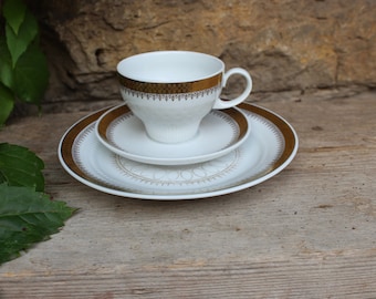3 tlg. Sammelgedeck Sammeltasse Teeset breiter Goldrand Kahla Porzellan 60er 70er Jahre DDR GDR