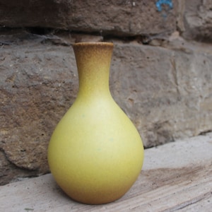 Puede incluir: Un pequeño jarrón de cerámica amarillo con cuerpo redondeado y cuello estrecho. El jarrón tiene una superficie texturizada y un sutil efecto degradado, pasando de un amarillo más oscuro en la parte inferior a un amarillo más claro en la parte superior.