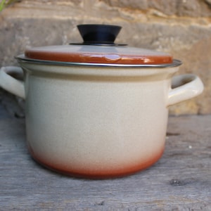 Könnte beinhalten: Ein weißer Emailletopf mit braunem Rand und schwarzem Deckel. Der Topf hat zwei Griffe und steht auf einer Holzoberfläche.