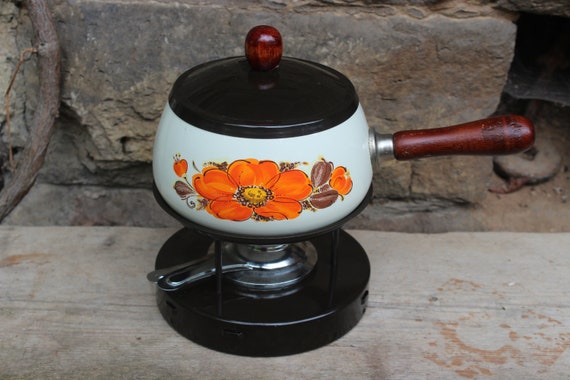Service à Fondue Vintage - Fonte émaillée, Décor Fleurs Et Coq - Années 70
