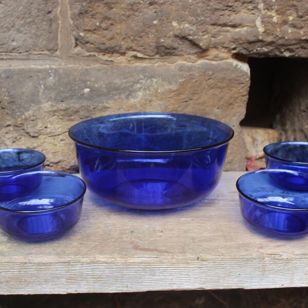 5 pcs. Dessert Bowl Set Cobalt Blue Glass Arcoroc France 80s