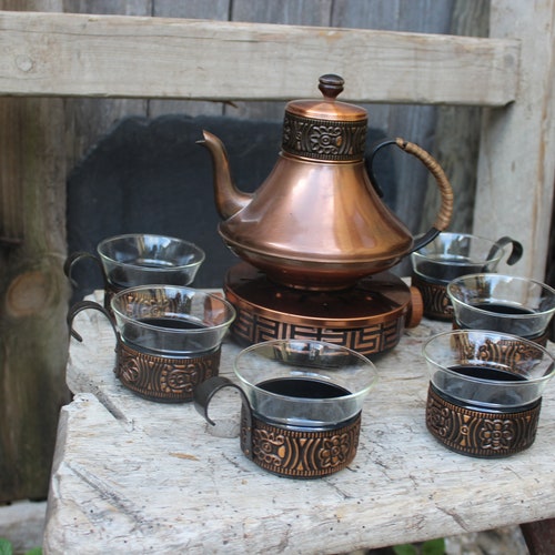 Tea shops service 6 tea glasses Teapot Pots Copper MCM Midcentury 50s 60s