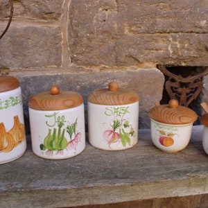 1 of 5 Storage Jar Vegetable Decor Hand Painted Ceramic Wood Vintage Kitchen 70s 80s