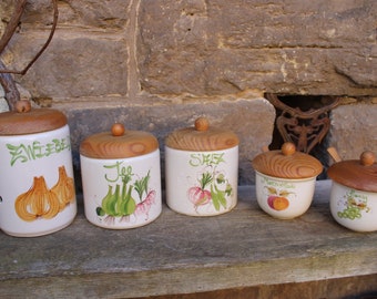 1 of 5 Storage Jar Vegetable Decor Hand Painted Ceramic Wood Vintage Kitchen 70s 80s