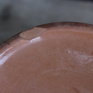 May include: Close-up of the base of a terracotta pot with a small chip on the rim. The pot has a light brown glaze and shows signs of crazing.
