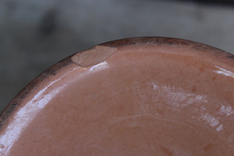 May include: Close-up of the base of a terracotta pot with a small chip on the rim. The pot has a light brown glaze and shows signs of crazing.