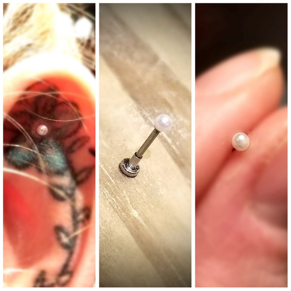 20g Tiny Acrylic Micro Pearl Silver Internal Thead Flat Back Post Steel Surgical 316L Earring Cartilage Helix Tragus Medusa Lip Monroe Ring