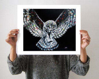 owl print, paper print, colourful art print, Canadian artist, painting, colourful animal, art print, home decor, bedroom, wall art, owl