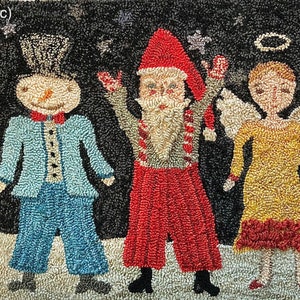 May include: A colorful Christmas rug featuring a snowman, Santa Claus, an elf, an angel, and a reindeer. The rug is made of wool and has a black background with white stars.
