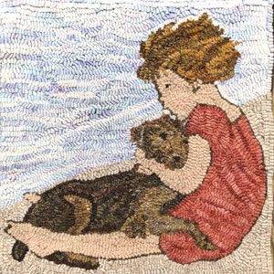 May include: A girl with brown hair is sitting on the ground with a brown and black dog. She is wearing a red dress. The background is a light blue and white pattern.