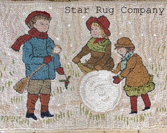 May include: A hand-hooked wool rug depicting three children playing in the snow. The children are wearing winter clothing and are making a snowman. The rug is beige with green, brown, red, and white accents. The text "Star Rug Company" is in the top right corner of the rug.