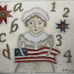 Op de afbeelding: Aquarel schilderij van een vrouw die een Amerikaanse vlag vasthoudt. De afbeelding bevat de letters a, c, d en de cijfers 1, 2, 3, 4 en 6. Er zijn ook twee steruitbarstingsontwerpen aanwezig. Het kunstwerk is gesigneerd door Robin Louscher.